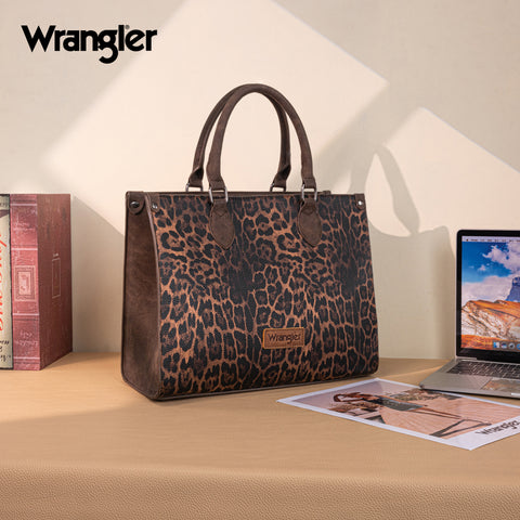 WG296-8625CF    Wrangler Leopard Print Wide Tote Bag/Crossbody- Coffee