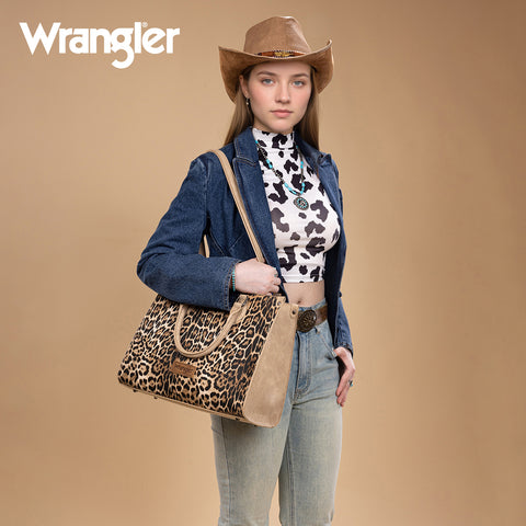 WG296-8625TN    Wrangler Leopard Print Wide Tote Bag/Crossbody- Tan
