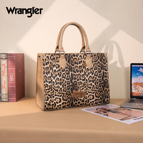 WG296-8625TN    Wrangler Leopard Print Wide Tote Bag/Crossbody- Tan