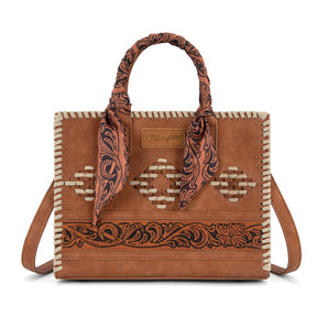 WG-HB-310-8120-BR Wrangler Whipstitch Aztec Satchel/Crossbody with Scarf Handle - Brown