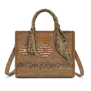 WG-HB-310-8120-KH Wrangler Whipstitch Aztec Satchel/Crossbody with Scarf Handle - Khaki