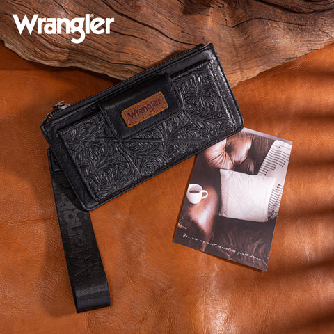 WG315-W013BK   Wrangler Floral Tooled Card Wallet/Wristlet - Black
