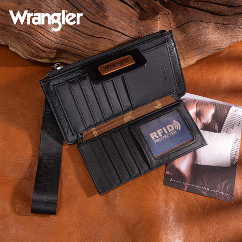 WG315-W013BK   Wrangler Floral Tooled Card Wallet/Wristlet - Black