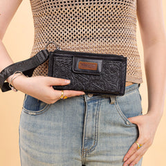 WG315-W013BK   Wrangler Floral Tooled Card Wallet/Wristlet - Black