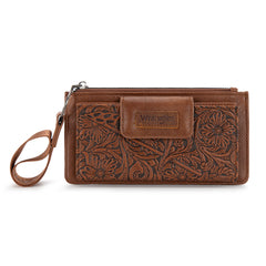 WG315-W013BR   Wrangler Floral Tooled Card Wallet/Wristlet - Brown