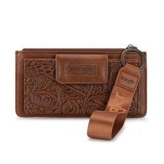 WG315-W013BR   Wrangler Floral Tooled Card Wallet/Wristlet - Brown
