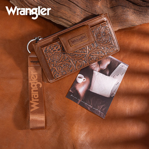 WG315-W013BR   Wrangler Floral Tooled Card Wallet/Wristlet - Brown
