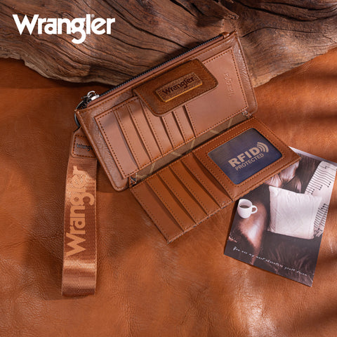 WG315-W013BR   Wrangler Floral Tooled Card Wallet/Wristlet - Brown