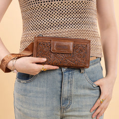 WG315-W013BR   Wrangler Floral Tooled Card Wallet/Wristlet - Brown