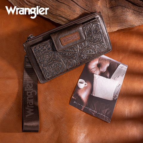 WG315-W013CF   Wrangler Floral Tooled Card Wallet/Wristlet - Coffee