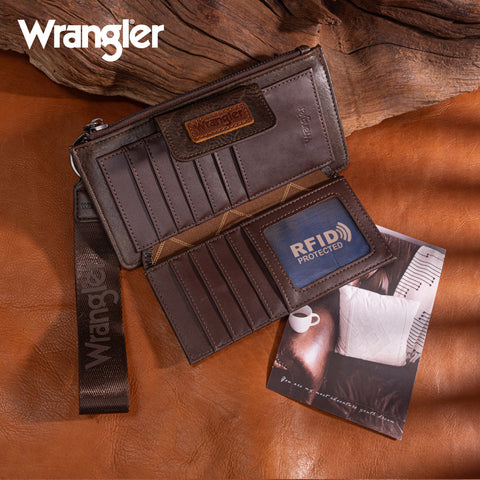 WG315-W013CF   Wrangler Floral Tooled Card Wallet/Wristlet - Coffee
