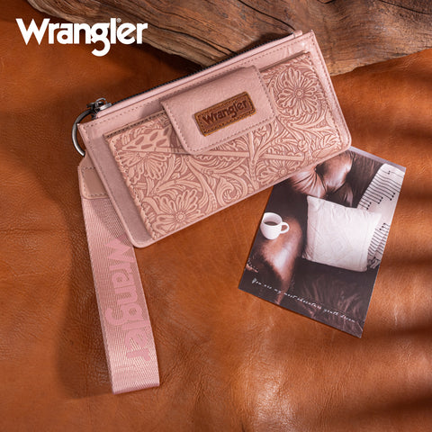 WG315-W013DPK   Wrangler Floral Tooled Card Wallet/Wristlet - Dark Pink