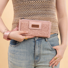 WG315-W013DPK   Wrangler Floral Tooled Card Wallet/Wristlet - Dark Pink