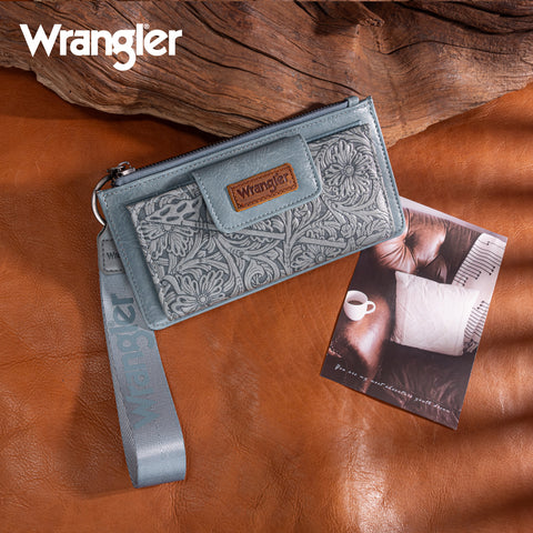 WG315-W013JN   Wrangler Floral Tooled Card Wallet/Wristlet - Jean