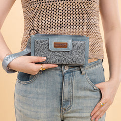 WG315-W013JN   Wrangler Floral Tooled Card Wallet/Wristlet - Jean
