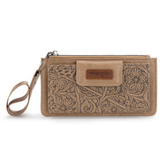WG315-W013KH   Wrangler Floral Tooled Card Wallet/Wristlet - Khaki