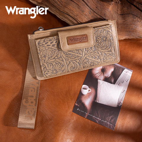 WG315-W013KH   Wrangler Floral Tooled Card Wallet/Wristlet - Khaki