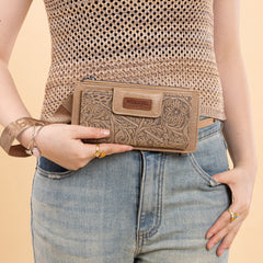 WG315-W013KH   Wrangler Floral Tooled Card Wallet/Wristlet - Khaki