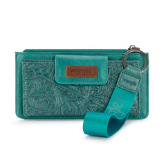 WG315-W013TQ  Wrangler Floral Tooled Card Wallet/Wristlet - Turquoise