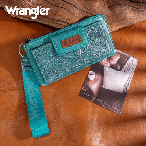 WG315-W013TQ  Wrangler Floral Tooled Card Wallet/Wristlet - Turquoise