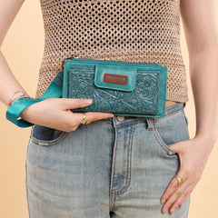 WG315-W013TQ  Wrangler Floral Tooled Card Wallet/Wristlet - Turquoise
