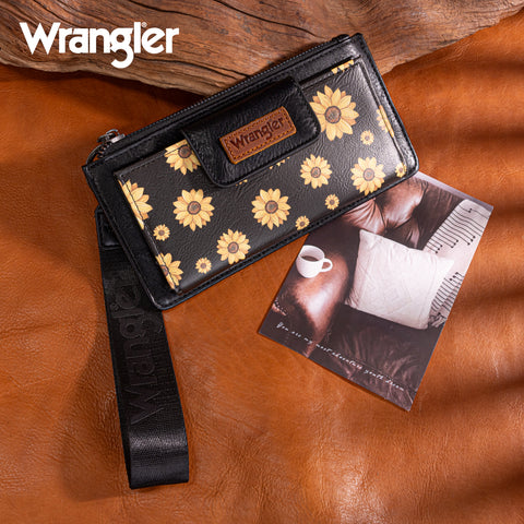 WG316-W013BK  Wrangler Sunflower Print Card Wallet/Wristlet - Black