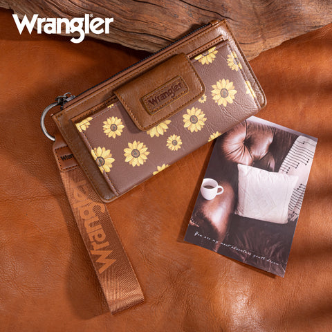 WG316-W013BR   Wrangler Sunflower Print Card Wallet/Wristlet - Brown