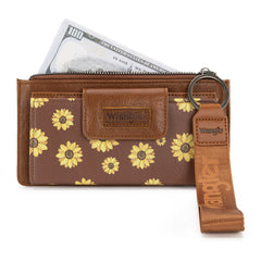 WG316-W013BR   Wrangler Sunflower Print Card Wallet/Wristlet - Brown