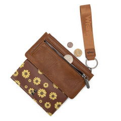 WG316-W013BR   Wrangler Sunflower Print Card Wallet/Wristlet - Brown