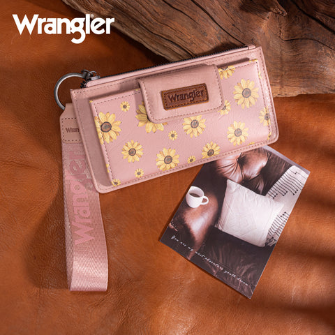 WG316-W013DPK  Wrangler Sunflower Print Card Wallet/Wristlet - Dark Pink
