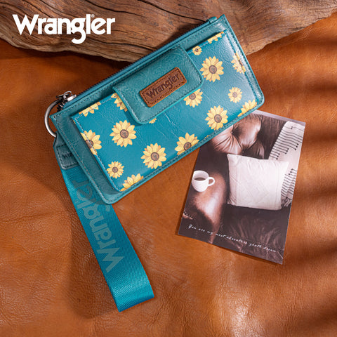 WG316-W013TQ  Wrangler Sunflower Print Card Wallet/Wristlet - Turquoise
