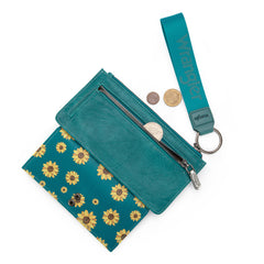 WG316-W013TQ  Wrangler Sunflower Print Card Wallet/Wristlet - Turquoise
