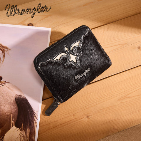 WG322-W088   Wrangler Genuine Hair-On Cowhide Zip-Around Wallet - Black