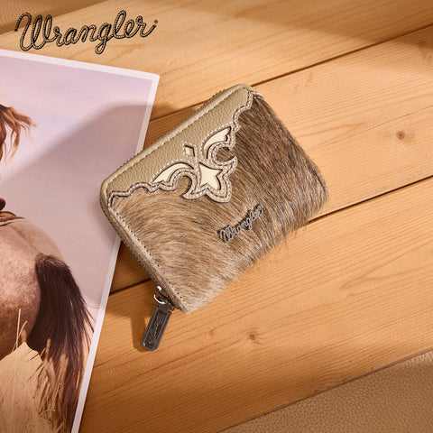 WG322-W088   Wrangler Genuine Hair-On Cowhide Zip-Around Wallet - Khaki