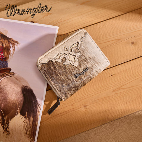 WG322-W088   Wrangler Genuine Hair-On Cowhide Zip-Around Wallet -Tan