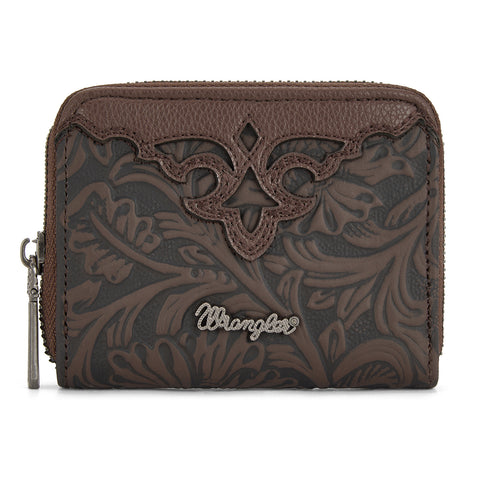 WG322-W089   Wrangler Tooled Zip-Around Wallet - Coffee