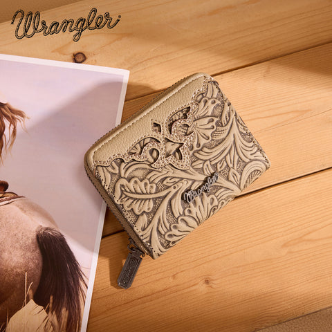 WG322-W089   Wrangler Tooled Zip-Around Wallet - Khaki