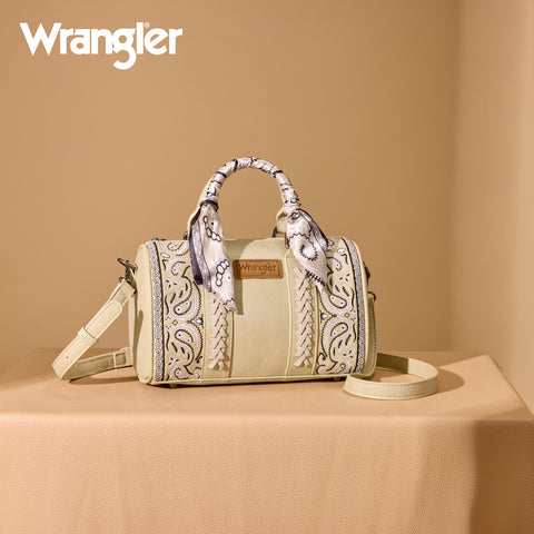 WG331-9012  Wrangler Bandana Paisley Print Barrel Crossbody - Tan
