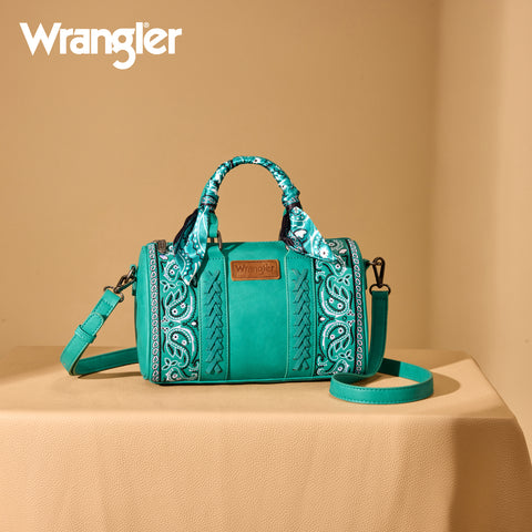 WG331-9012  Wrangler Bandana Paisley Print Barrel Crossbody - Turquoise