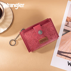 WG338-W099   Wrangler Floral Embossed Bi-fold Wallet with Key Ring -Burgundy