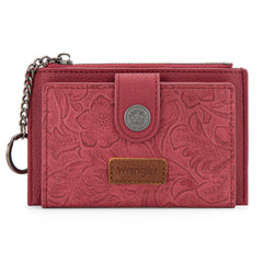 WG338-W099   Wrangler Floral Embossed Bi-fold Wallet with Key Ring -Burgundy