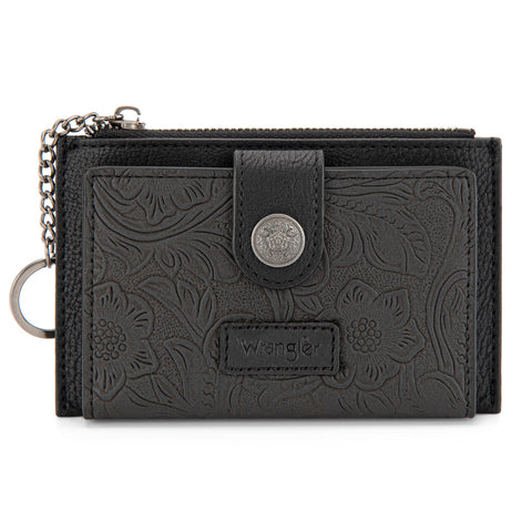WG338-W099   Wrangler Floral Embossed Bi-fold Wallet with Key Ring - Black