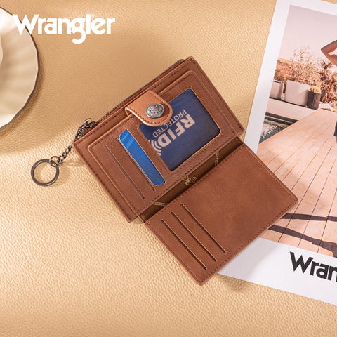 WG338-W099   Wrangler Floral Embossed Bi-fold Wallet with Key Ring - Brown