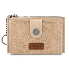 WG338-W099   Wrangler Floral Embossed Bi-fold Wallet with Key Ring -Tan