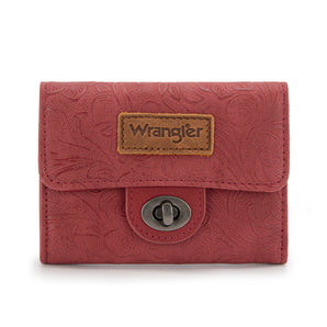 WG338-W100BDY Wrangler Floral Embossed RFID Trifold Wallet Burgundy