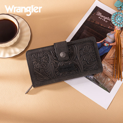 WG339-W080  Wrangler Western Floral Tooled RFID Wallet -Black
