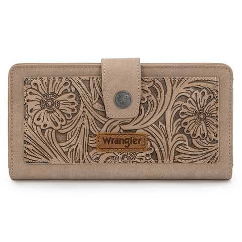 WG339-W080  Wrangler Western Floral Tooled RFID Wallet - Khaki