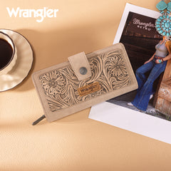 WG339-W080  Wrangler Western Floral Tooled RFID Wallet - Khaki