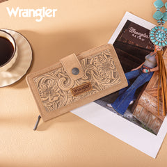 WG339-W080  Wrangler Western Floral Tooled RFID Wallet -Tan