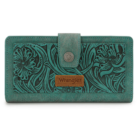 WG339-W080  Wrangler Western Floral Tooled RFID Wallet - Turquoise